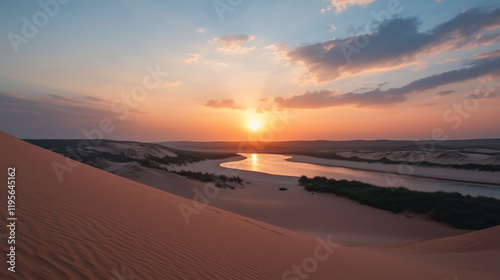 Dune Beach Sunset with Serene Coastal Sand and Vibrant Ocean Horizon at Golden Hour







