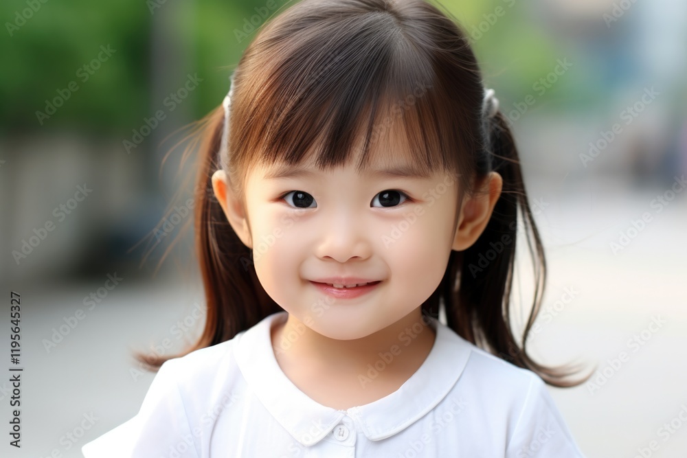Smiling Asian Little Girl Portrait Isolated on White Background. Perfect for Children Photography and Editorial Purposes