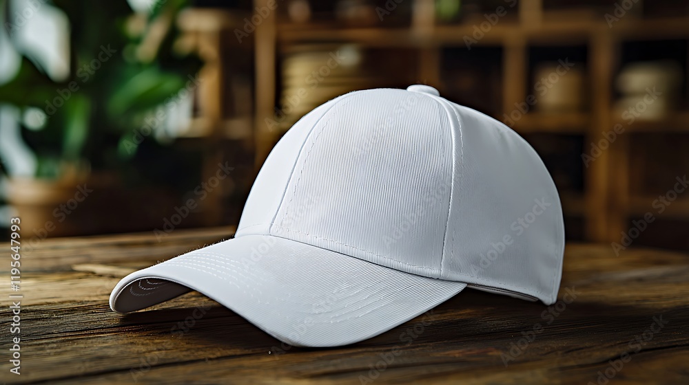 A blank white baseball cap displayed on a wooden table, with a visor and a soft material, perfect for a casual and sporty look. A blank white baseball cap displayed on a wooden table, with a visor and a soft material, perfect for a casual and sporty look.