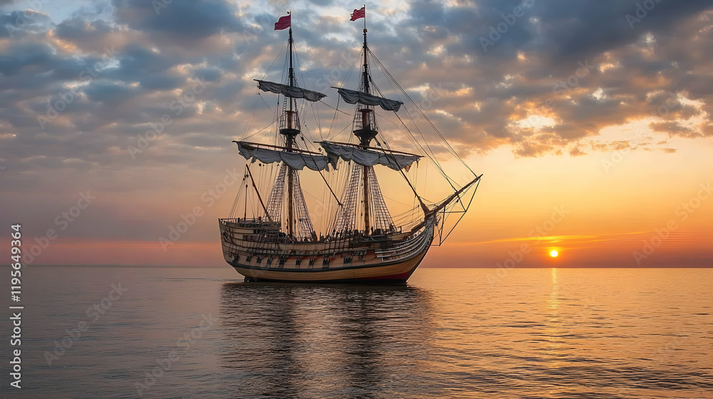Ancient carrack sailing ship navigating calm ocean waters at sunset Ancient carrack sailing ship navigating calm ocean waters at sunset