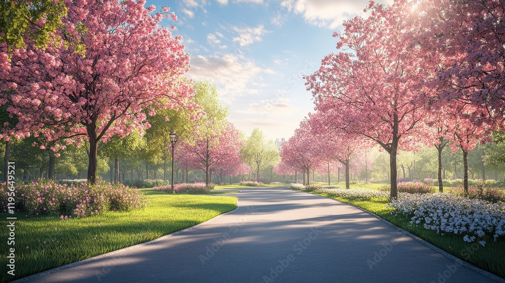 Serene spring park with cherry blossoms lining a sunlit pathway Serene spring park with cherry blossoms lining a sunlit pathway