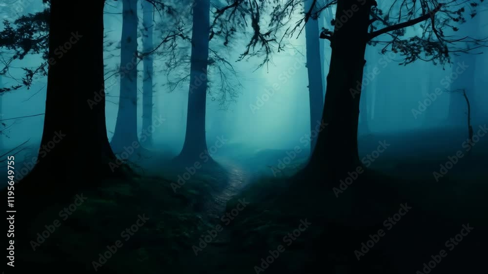 Pov view from a path in dark misty forest