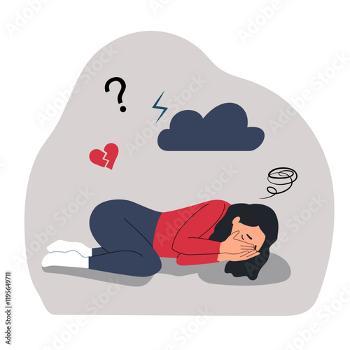 Depressed woman is lying covered her face with her hands. Professional burnout syndrome. Vector flat style cartoon illustration