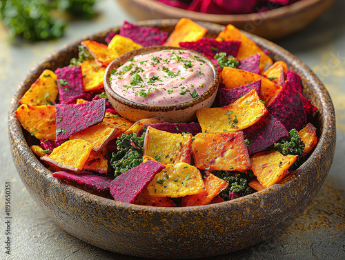 Colorful vegetable chips made from beetroot, kale, and sweet potatoes served with a creamy dip in an artistic rustic bowl photo