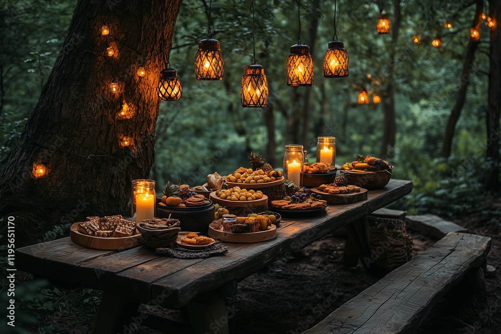 Outdoor Feast with Candles and Lanterns in Forest Setting Featuring Assorted Dishes and Table Full of Food Outdoor Feast with Candles and Lanterns in Forest Setting Featuring Assorted Dishes and Table Full of Food