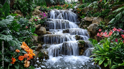 A cascading waterfall in a tropical jungle surrounded by exotic plants and vibrant flowers