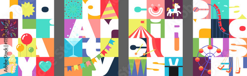 Festive party, circus and carousel poster set. Bright amusement park contemporary geometric designs with artistic text for holiday background, flyer, invite or ticket. Colorful carnival fair visuals