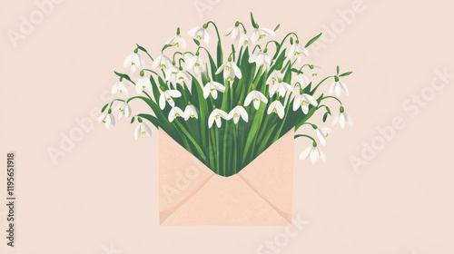 flat gentle illustration of craft paper envelope filled with snowdrop flowers