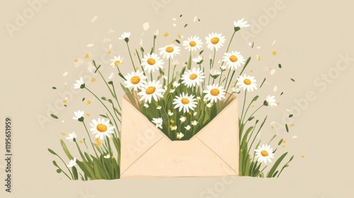 flat gentle illustration of craft paper envelope filled with daisy flowers 