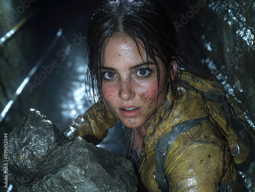 Resilient female miner hauling rocks in a narrow, dark cave showcasing determination amidst an ominous mine environment