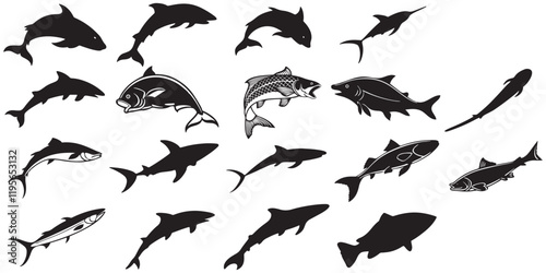 Canvas Print set of fish silhouette vector icon