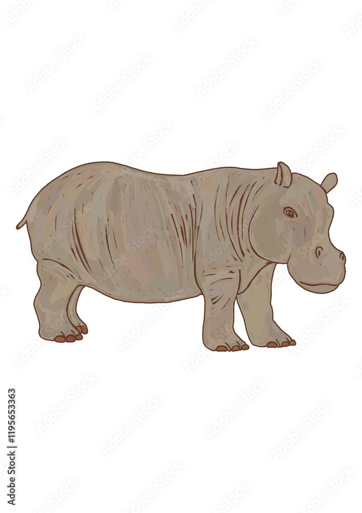 Fototapeta premium Hand drawn retro illustration of a gray hippopotamus isolated on a transparent background. Monochrome flat wild and zoo animals