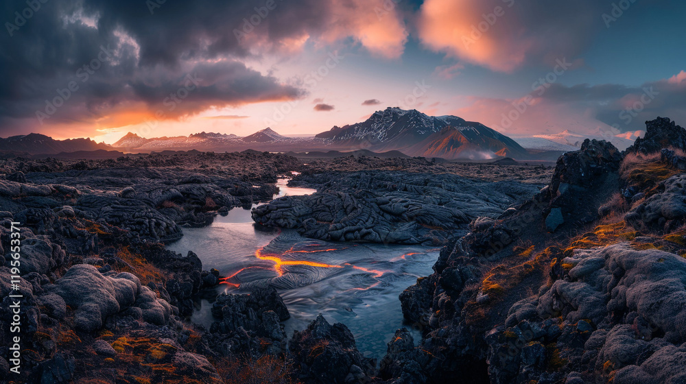 Naklejka premium A long exposure of the glowing lava fields at Fagradalsfjall in Iceland, with bright molten streams.