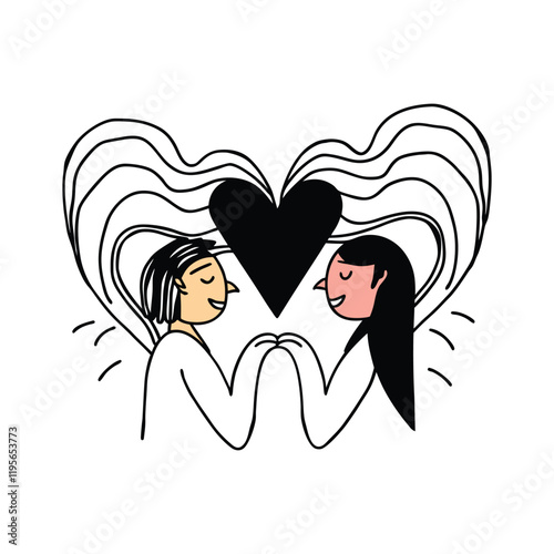 Two figures embracing love, surrounded by a shared heart.