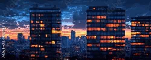 Sunset cityscape with illuminated high-rise buildings against dramatic sky photo