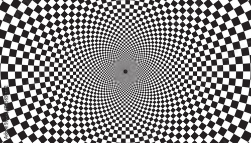 Optical checkered spiral illusion background. Magic psychedelic pattern, swirl illusions and hypnotic abstract card.