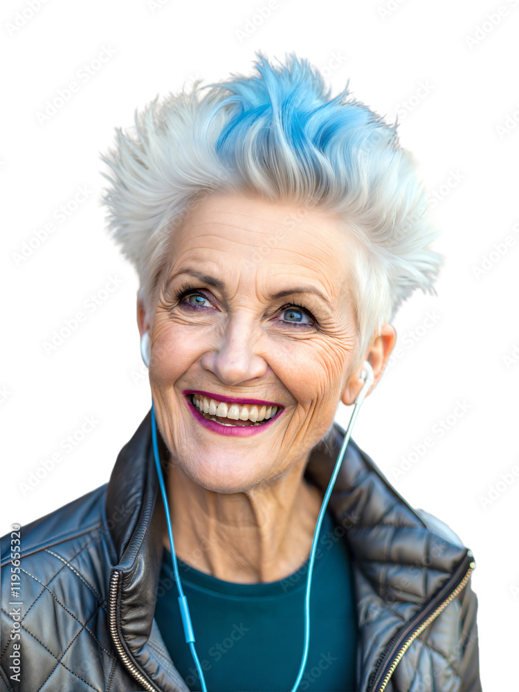 Portrait of elderly woman smiling and listening to the music, senior people, happy expression, transparent background