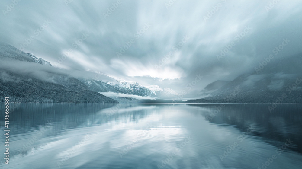 Naklejka premium A serene capture of Lake Louise in Canada, with the water reflecting snow-capped peaks and blurred clouds.