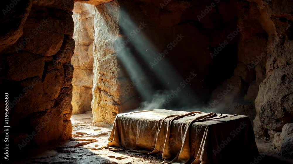 Empty Tomb of Jesus Christ on Easter Sunday: Light Beams, Resurrection, and Christian Hope