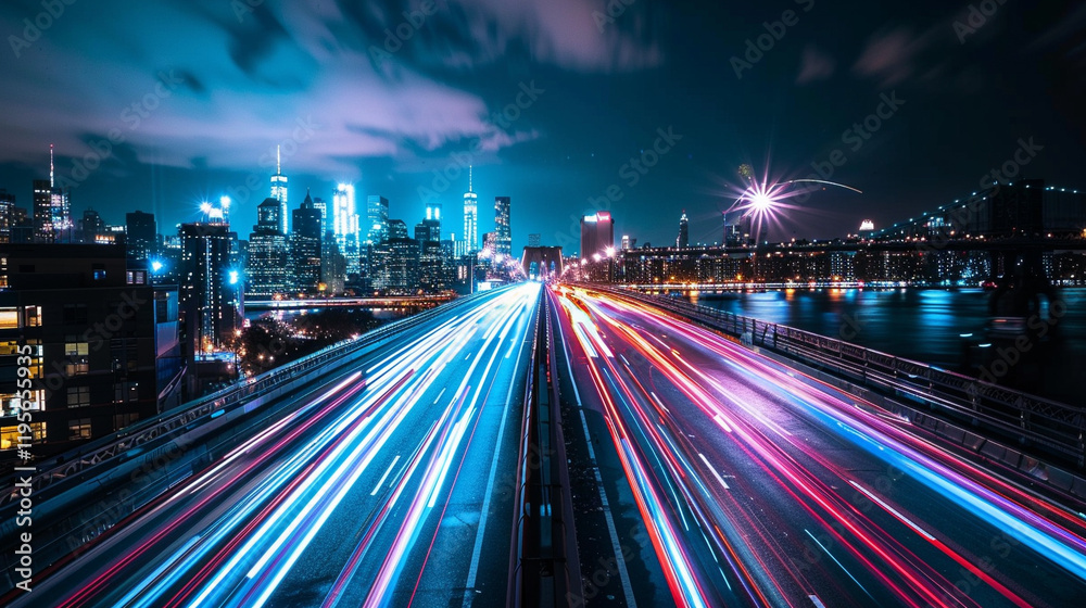 A serene nightscape of the Brooklyn Bridge in New York, with light trails from passing cars and reflections. A serene nightscape of the Brooklyn Bridge in New York, with light trails from passing cars and reflections.