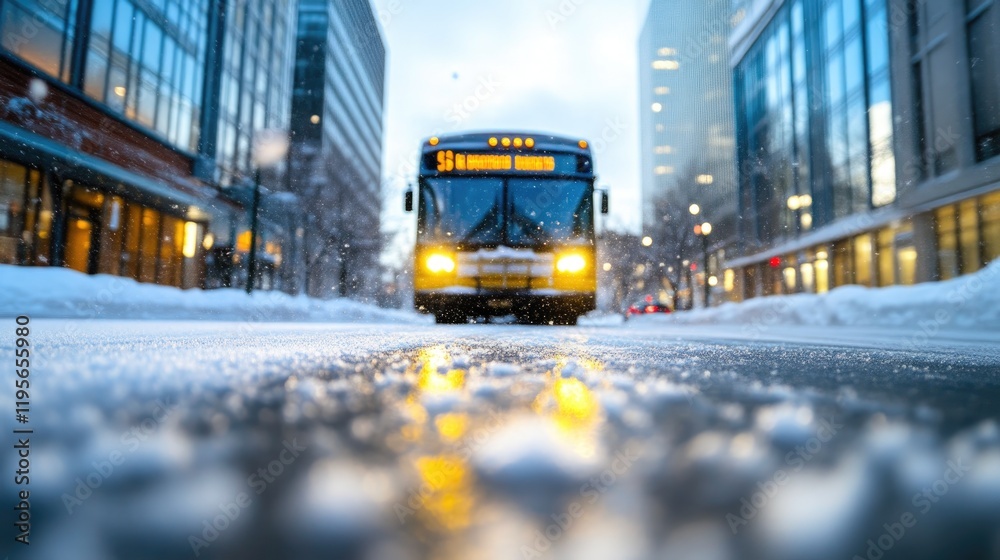 Fototapeta premium Snowy Bus Journey Through Sunlit Streets