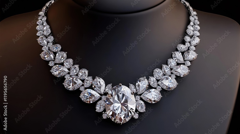 A stunning diamond necklace with a sparkling pendant is showcased against a black background, highlighting its luxury and craftsmanship. A stunning diamond necklace with a sparkling pendant is showcased against a black background, highlighting its luxury and craftsmanship.