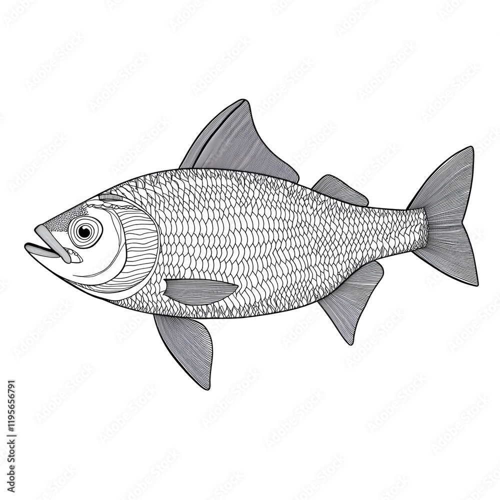 Obraz premium Detailed line art illustration of a fish with scales and fins 
