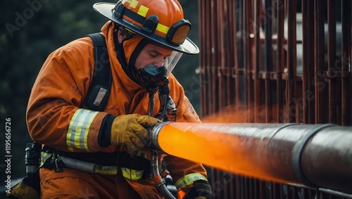 Firefighter in an orange suit is working on a pipe