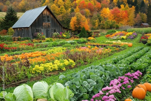 Lush vegetable garden featuring vibrant rows of carrots, cabbages, and pumpkins in a picturesque autumn setting. Generative AI photo