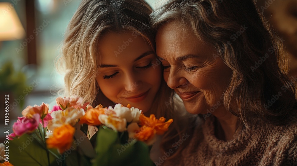 A loving moment of a daughter giving flowers and a gift to her mother on Mother's Day. Great for holiday promotions, family advertisements, and greeting cards. A loving moment of a daughter giving flowers and a gift to her mother on Mother's Day. Great for holiday promotions, family advertisements, and greeting cards.