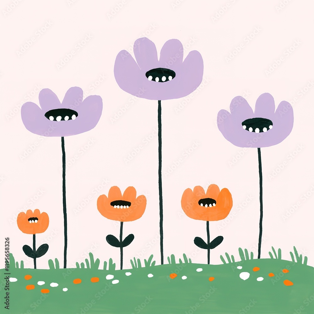 Fototapeta premium A whimsical illustration of colorful flowers with black faces, set against a light background, conveying a playful and cheerful vibe.