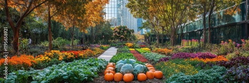 Lush vegetable garden with vibrant rows of carrots, cabbages, and pumpkins in an urban setting during autumn. Generative AI photo