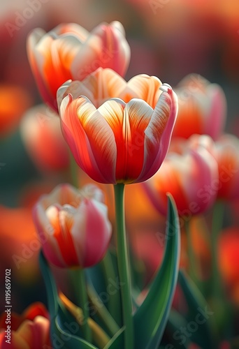 Vibrant tulips in full bloom stand tall amidst a lush garden, bathed in soft sunlight