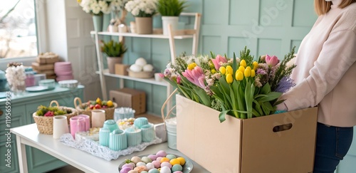 A cozy flower shop featuring pastel décor and a table filled with fresh tulips, daffodils, and spring-themed decorations. A vibrant and welcoming space celebrating nature's beauty.