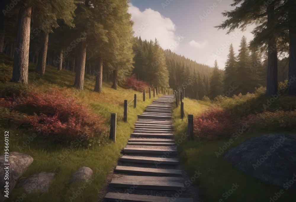 A wooden bridge is located in a mountain valley with stunning views A wooden bridge is located in a mountain valley with stunning views