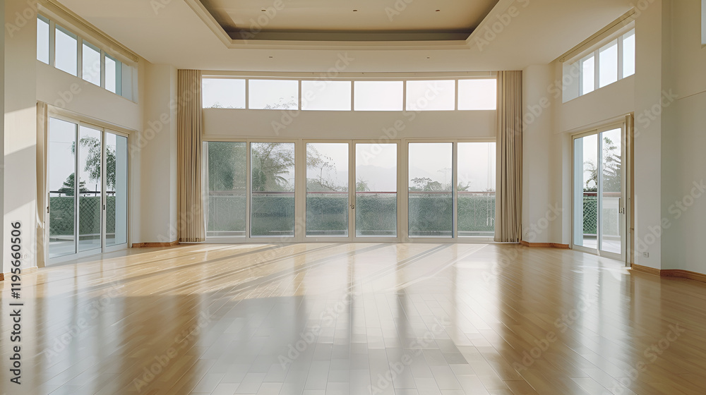 Fototapeta premium Spacious empty room with large windows and wooden flooring in natural light 