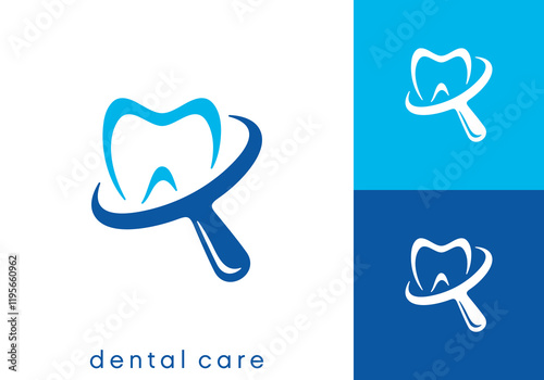 dental with magnifying glass logo. find tooth health care symbol vector design	
