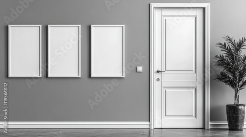 Modern Minimalist Interior with Three Empty Frames and Door