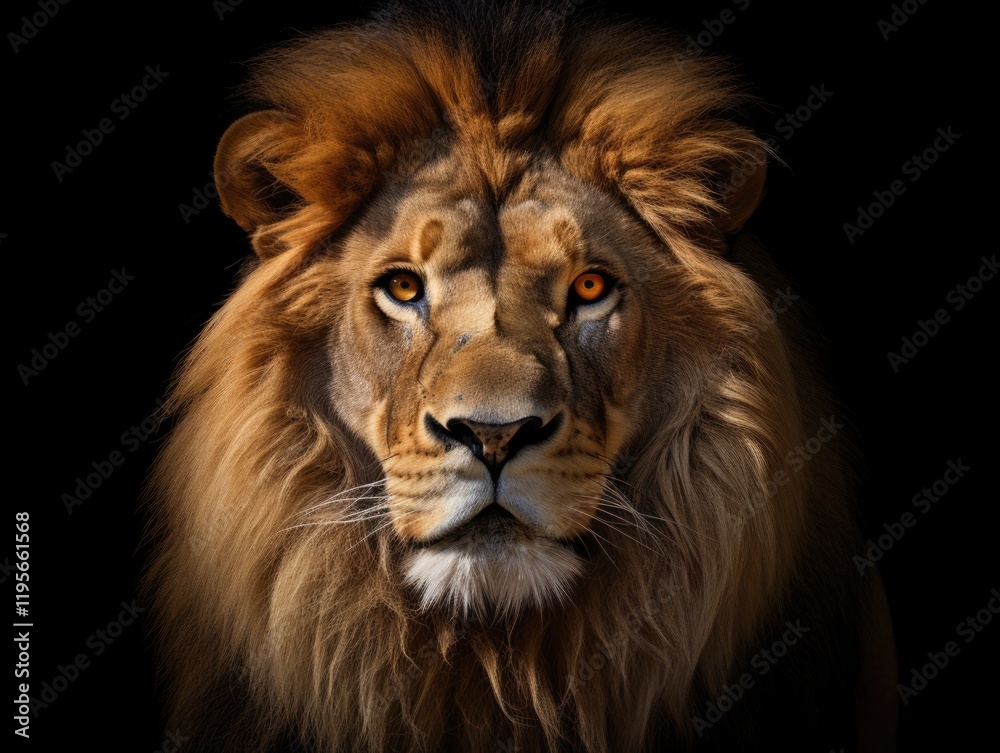 Majestic Lion King - Isolated Head Portrait of a Male Lion on Black Background, Endangered Predator with Intense Gaze Majestic Lion King - Isolated Head Portrait of a Male Lion on Black Background, Endangered Predator with Intense Gaze
