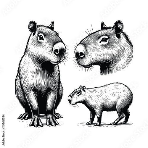 set of capybara illustration. hand drawn capybara black and white vector drawing