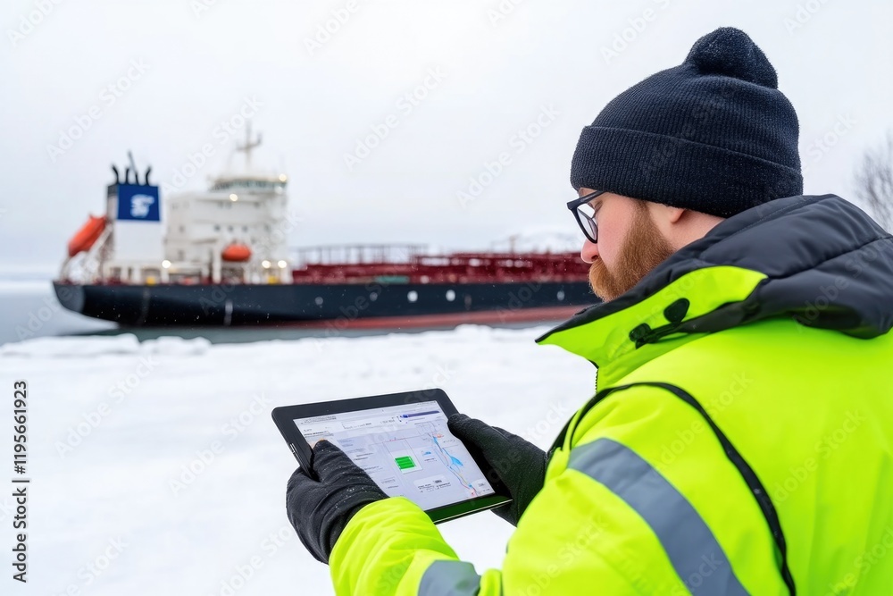Fototapeta premium Professional Managing Shipping Routes on Tablet