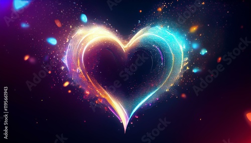 sparkle heart explosion glowing bokeh movie like electric neon thrilled luminous metallic fluid generative ai