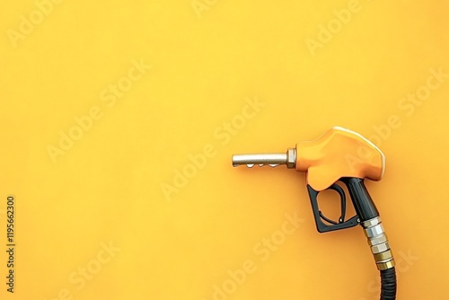 Fuel pump nozzle resting on a vibrant yellow backdrop, offering ample copy space for conveying gasoline and energy-related themes photo