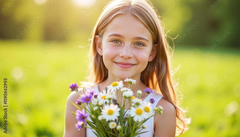 Young girl smiling with wildflower bouquet in a spring meadow, joyfulness Young girl smiling with wildflower bouquet in a spring meadow, joyfulness