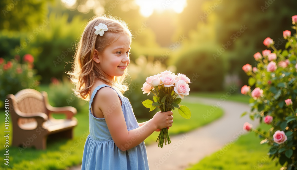 Girl smiling with roses in quaint garden at golden hour, tranquility Girl smiling with roses in quaint garden at golden hour, tranquility