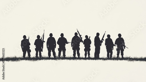 Eight soldiers silhouettes standing in a row, holding rifles, against a light background.