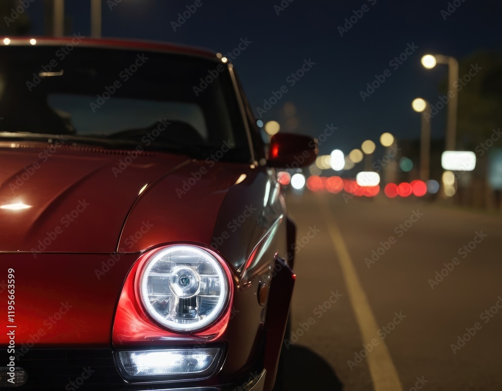 A detailed close up view of a striking red cars headlight at night A detailed close up view of a striking red cars headlight at night