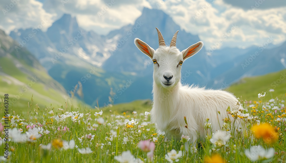 Obraz premium White little goat on an alpine meadow with mountains in the background. Goat on green grass with flowers in a rural landscape