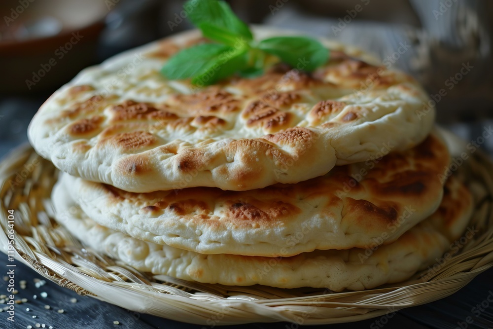 Stack of pita bread decorated with fresh mint leaves on wicker plate Stack of pita bread decorated with fresh mint leaves on wicker plate