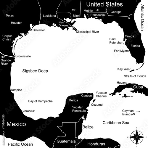 Map of the Gulf Coast, geographic area in the extreme southern United States along the northern portion of the Gulf of Mexico. Vector Illustration